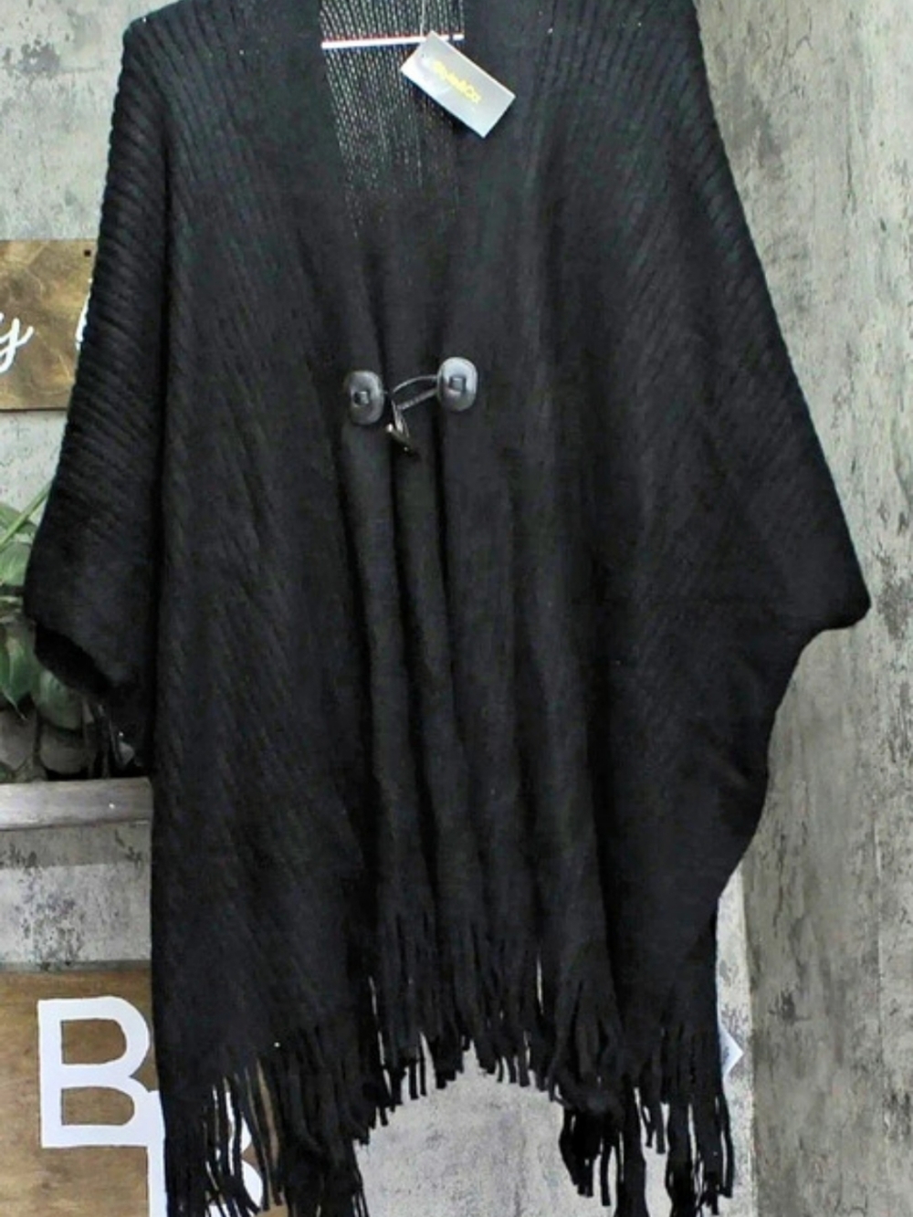Style&Co. Fringe-Trim Toggle-Buckle Cape Sweater. Black